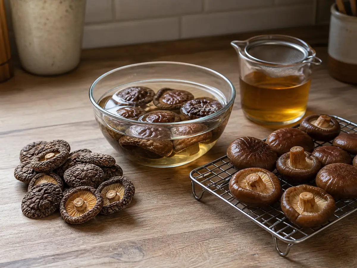 Dried shiitake beside soaking caps, drained caps and amber liquid under a filter
