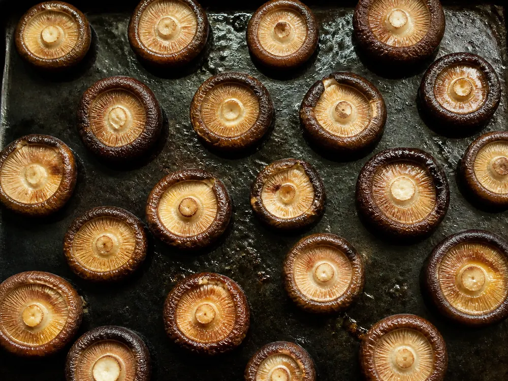 Stemless whole shiitake caps arranged underside-up with gaps on a baking tray
