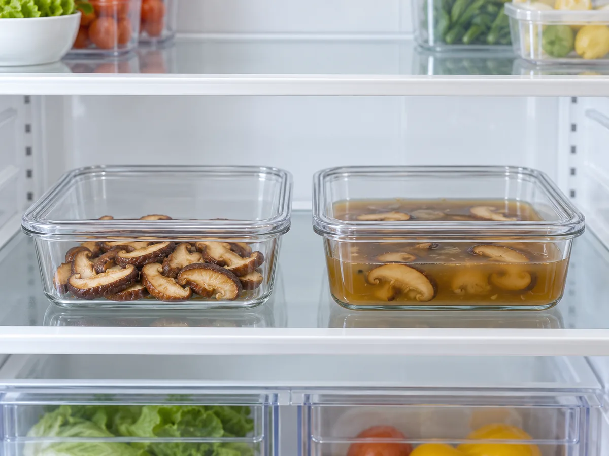 Separate shallow containers of cooked shiitake slices and mushroom soup on a refrigerator shelf