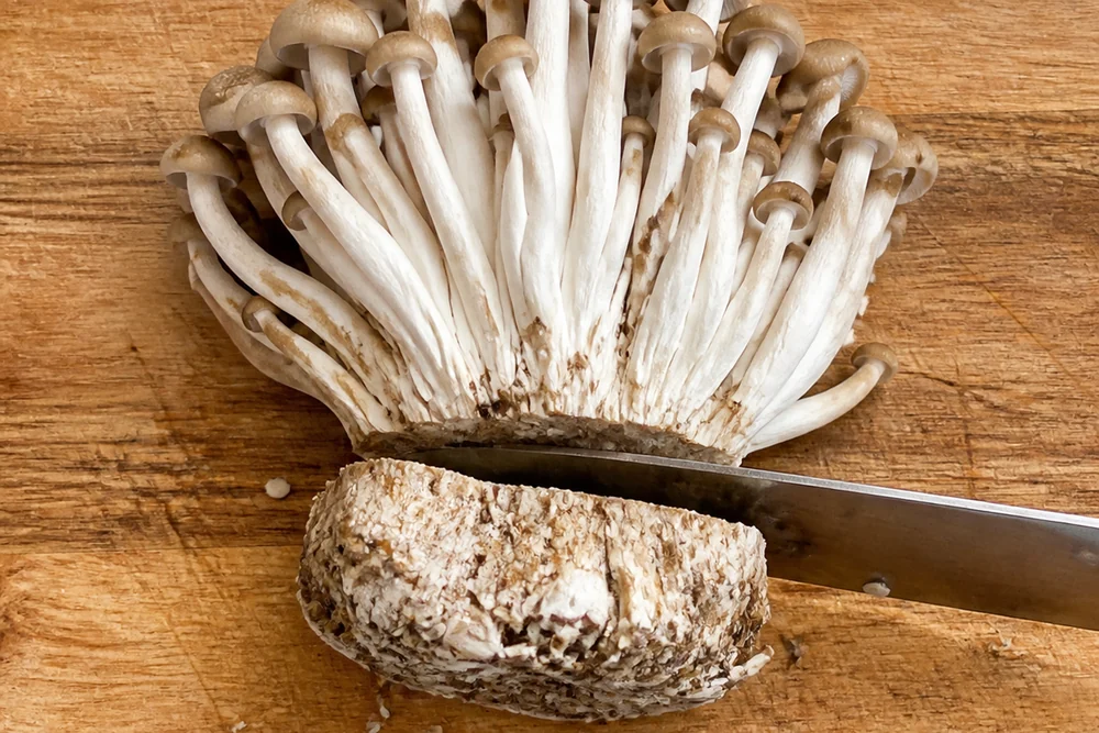 A cluster of shimeji mushrooms on a wooden cutting board with a knife removing the dense shared base at the bottom