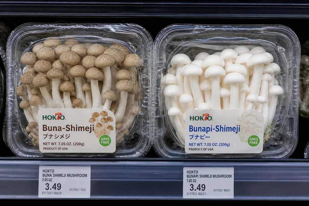 Two packs of shimeji mushrooms side by side on a chilled shop shelf, one with brown caps and one with white caps