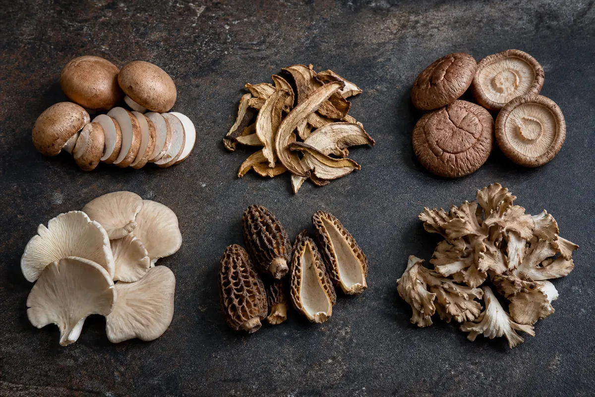 Cremini, dried porcini, shiitake, oyster mushroom, morels, and maitake shown with sauce-ready cuts