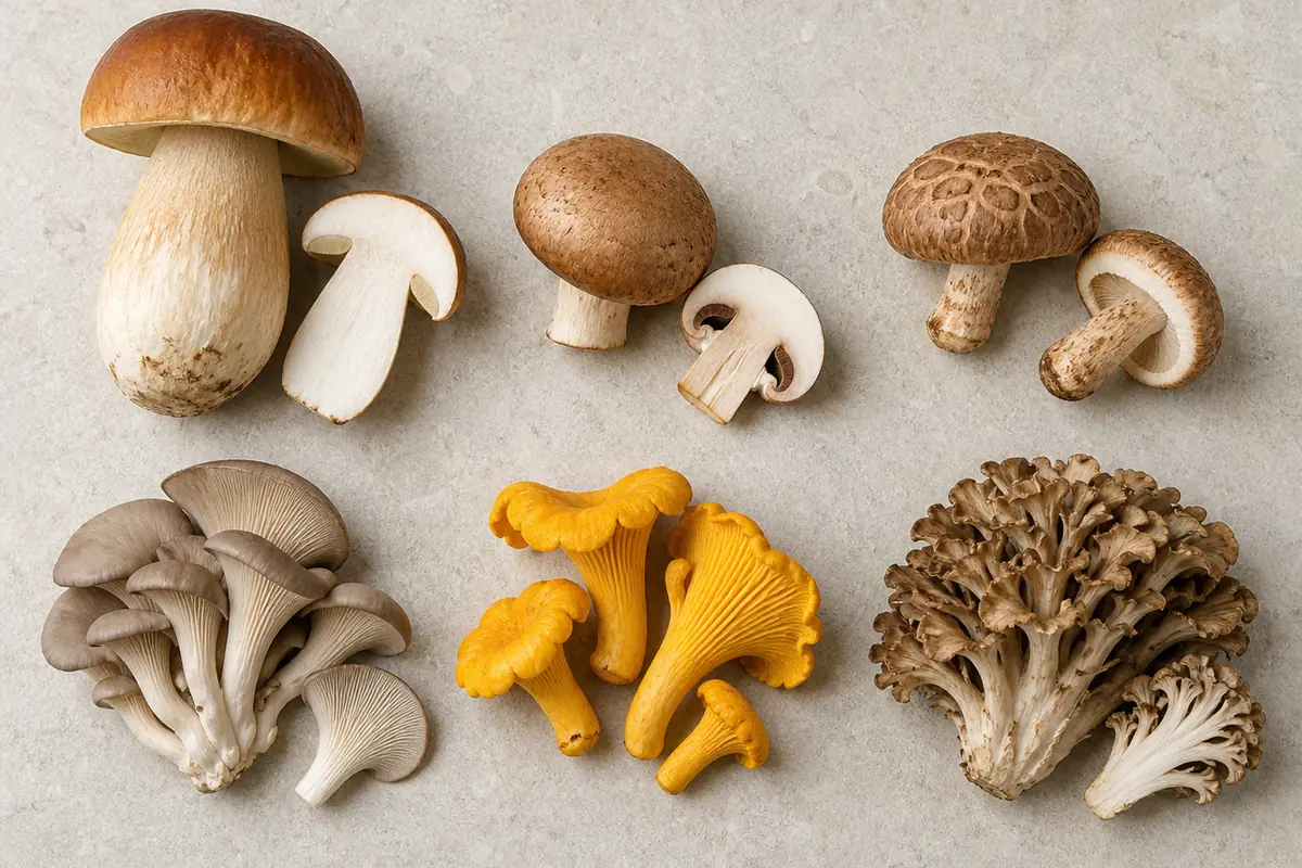 Porcini, cremini, shiitake, oyster, chanterelle, and maitake shown whole and cut on a prep surface