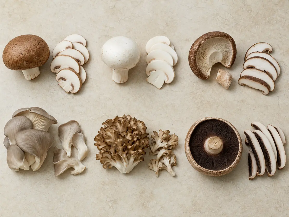 Cremini, white button, shiitake, oyster, maitake, and portobello shown whole beside pizza-ready pieces