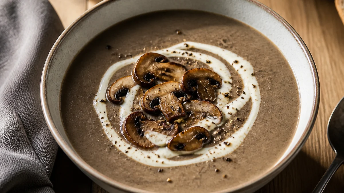 A bowl of deep brown mushroom soup with a swirl of cream and sautéed mushroom slices on top