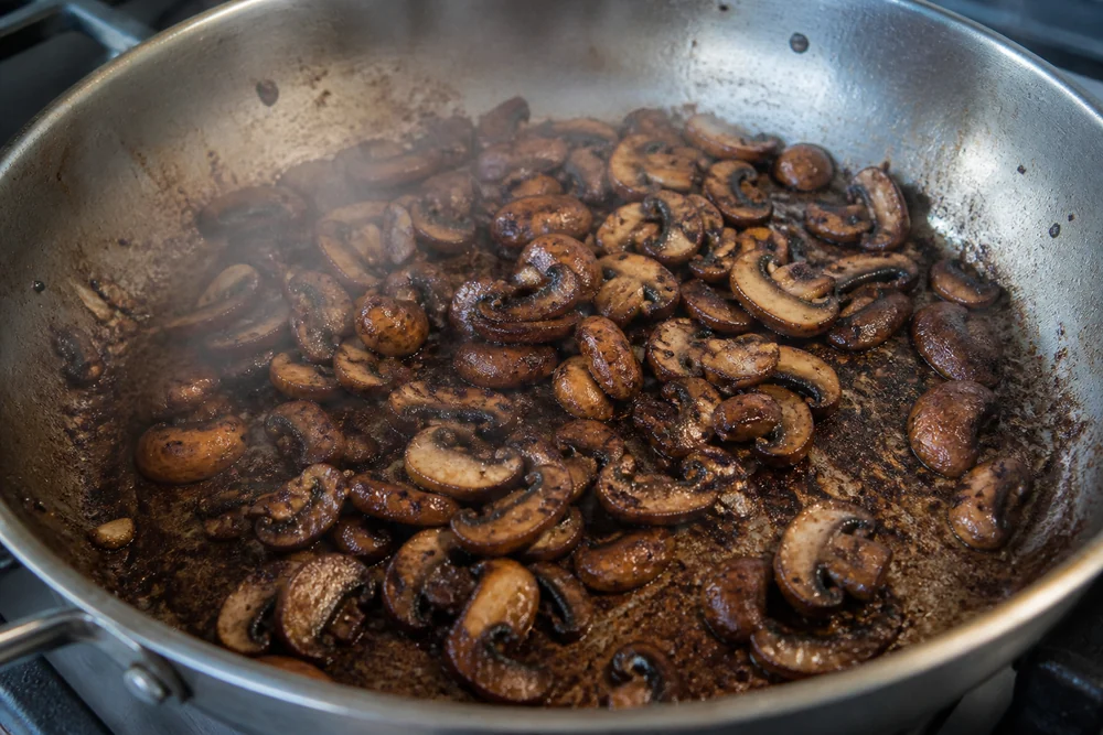 Sliced mushrooms browning in a hot dry pan, deeply colored and shrunken with a dark fond forming on the pan base and steam rising