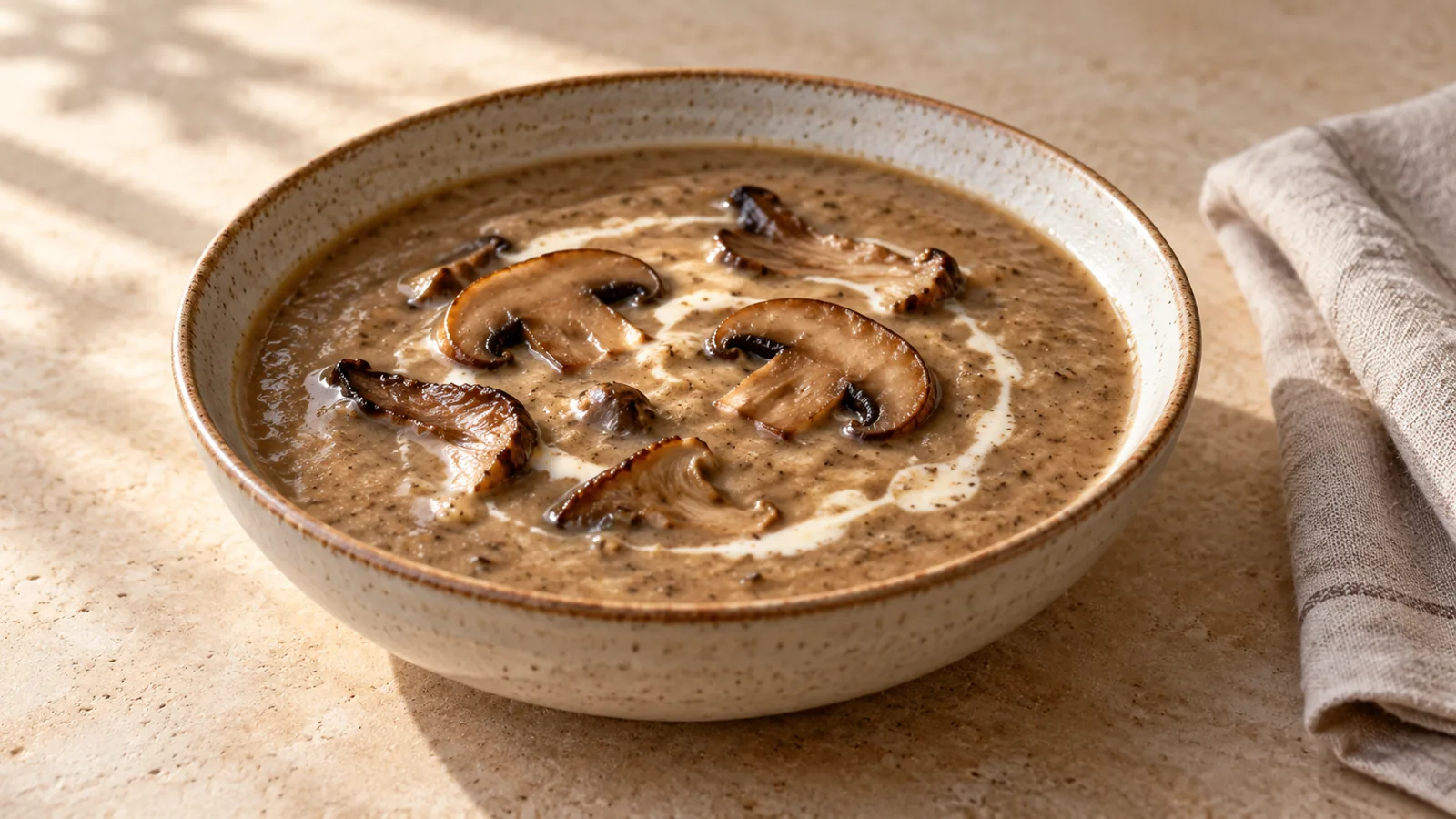 AI-generated illustration of partly blended mushroom soup with cooked cremini slices and a small cream swirl