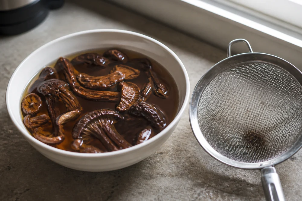 Dried wild mushrooms soaking in a small bowl of hot water on a kitchen counter with the water turned dark amber and a fine sieve beside the bowl