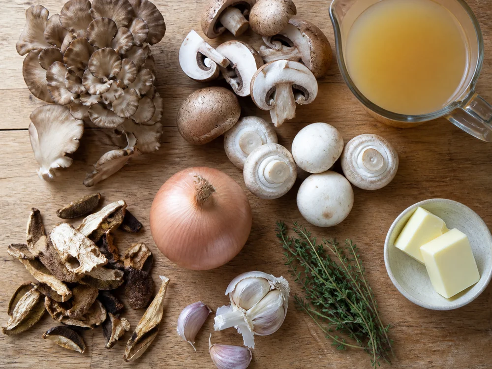Ingredients for mushroom soup laid out on a wooden board, fresh mushrooms, a small pile of dried mushrooms, an onion, garlic, thyme, butter and a jug of stock