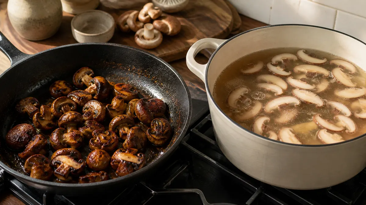 Browned mushrooms in a skillet beside pale mushroom slices entering clear broth