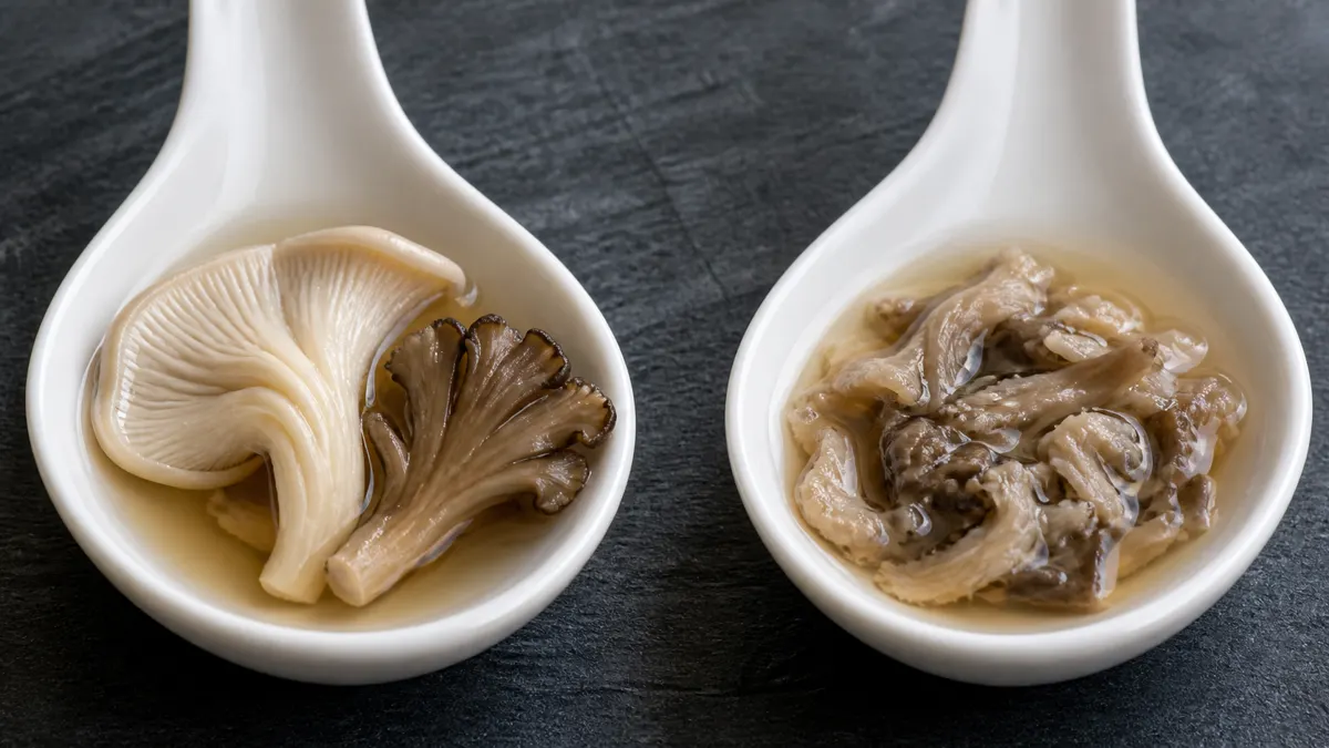 Intact oyster and maitake pieces beside collapsed overcooked mushrooms in broth