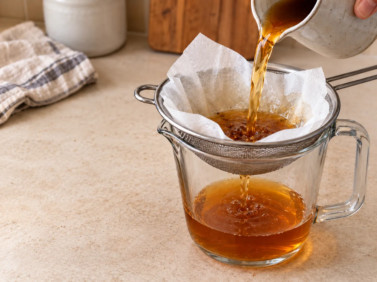AI-generated illustration of amber soaking liquid passing through a paper-lined sieve into a clear jug