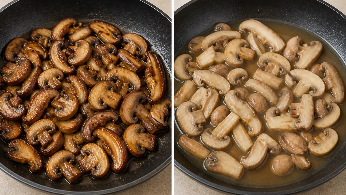 Glossy sauce clinging to browned mushrooms beside thin sauce pooling under pale pieces