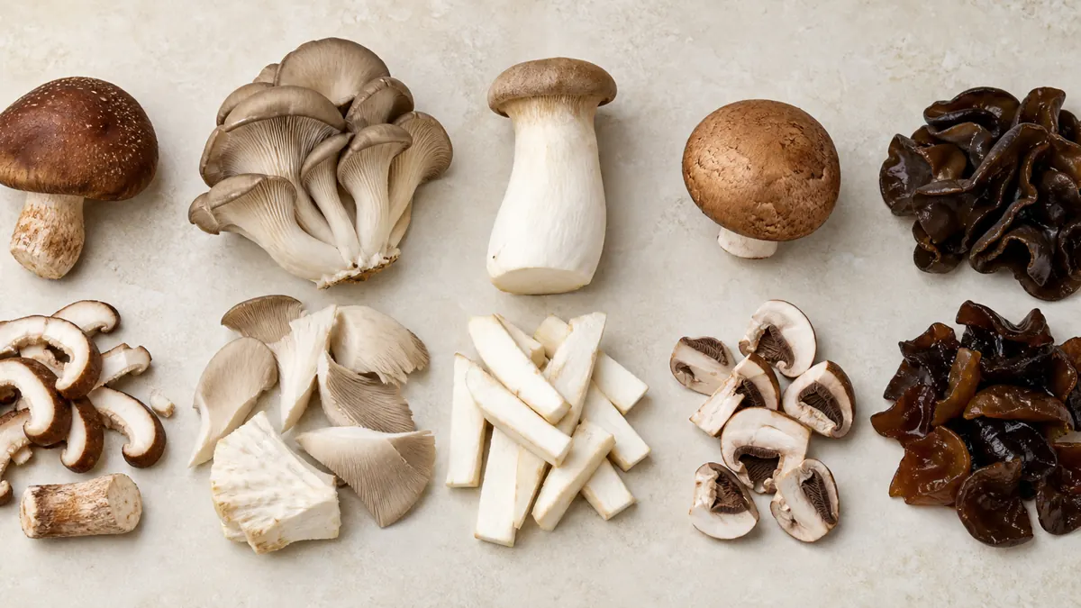 Five mushrooms shown whole beside slices, tears, batons, wedges, and trimmed folds