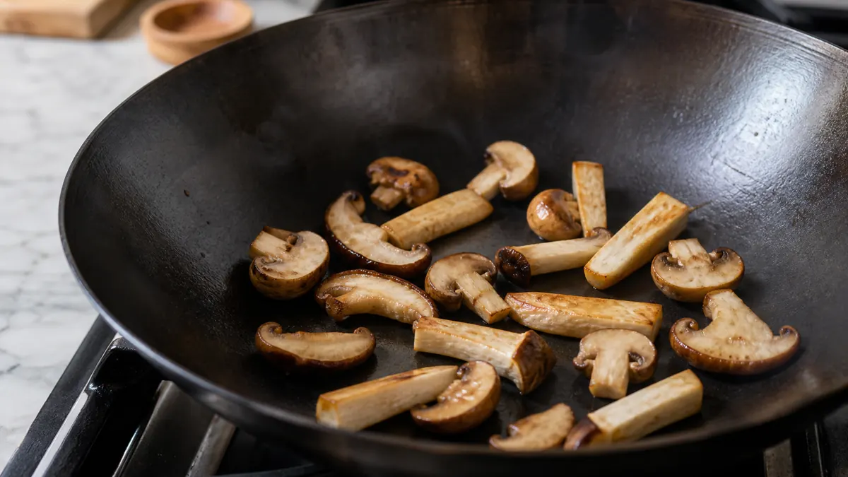 Mushrooms browning in a hot wok with open metal and no pooled liquid
