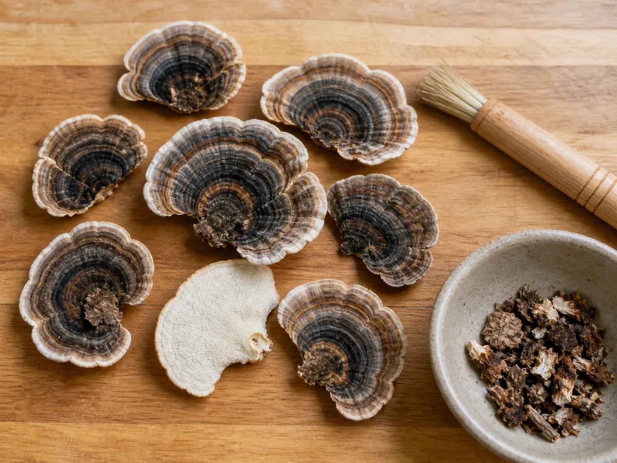 Cleaned turkey tail fans beside a soft brush and trimmed woody attachment pieces