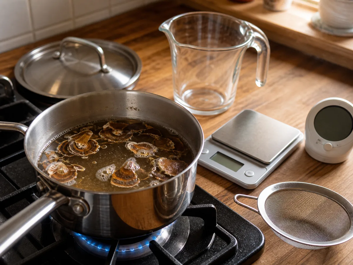 Saucepan with turkey tail pieces beside a scale, measuring jug, lid, timer, and fine strainer
