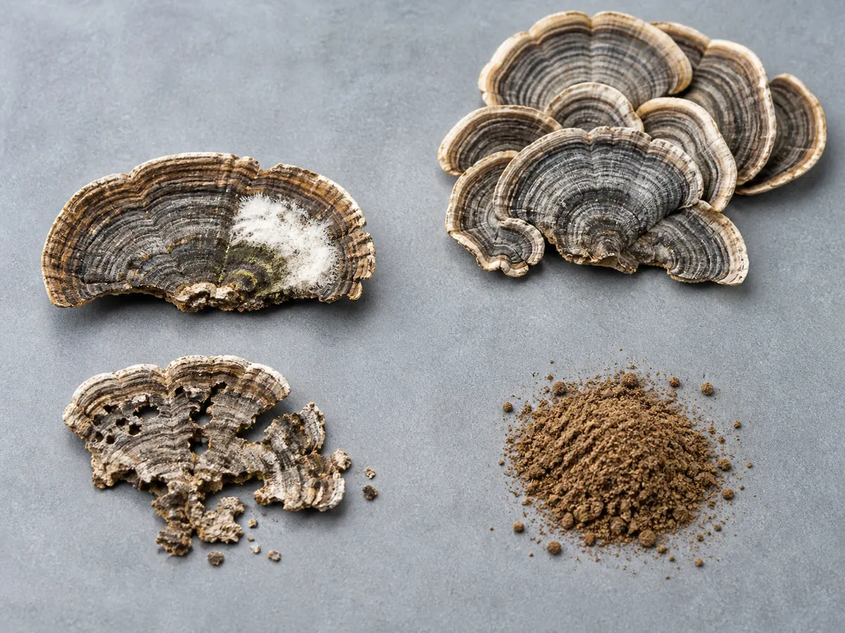 Fuzzy, insect-damaged, and unverifiable powdered turkey tail material isolated from clean dried shelves