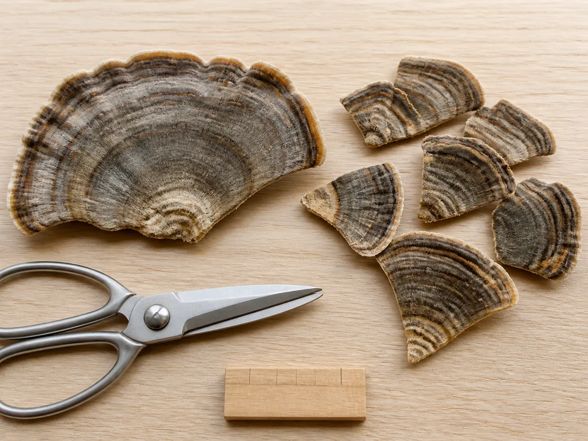 Turkey tail fans cut with kitchen shears into thumbnail-size pieces beside a metric ruler