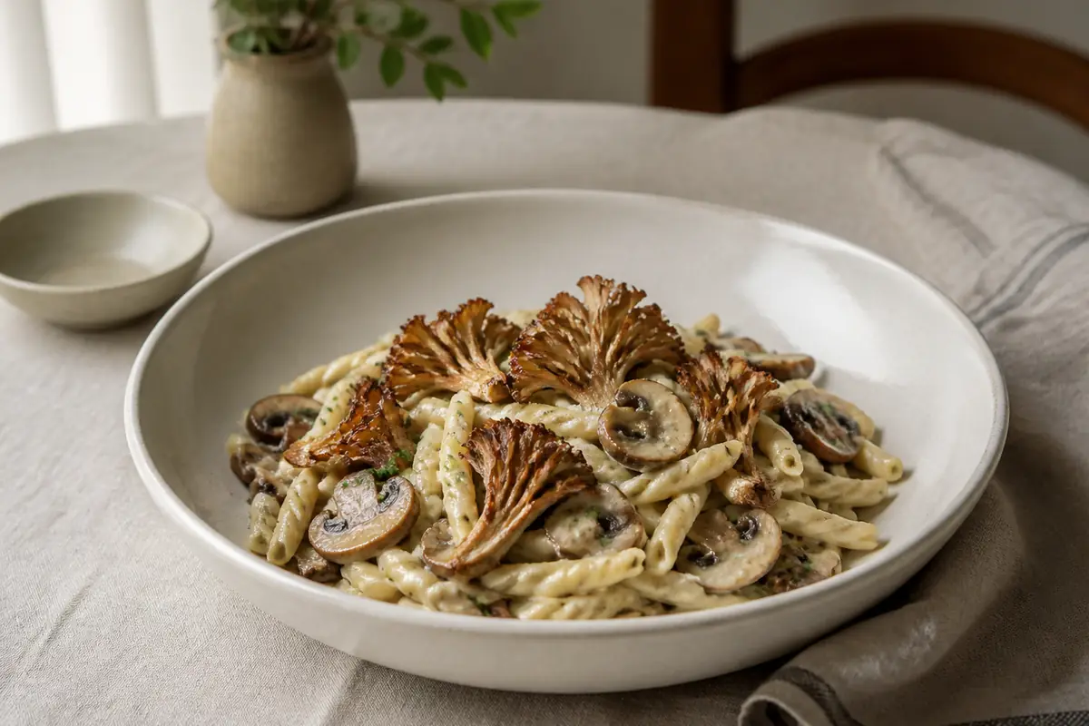 Finished pasta with browned cremini throughout the sauce and crisp maitake fronds on top