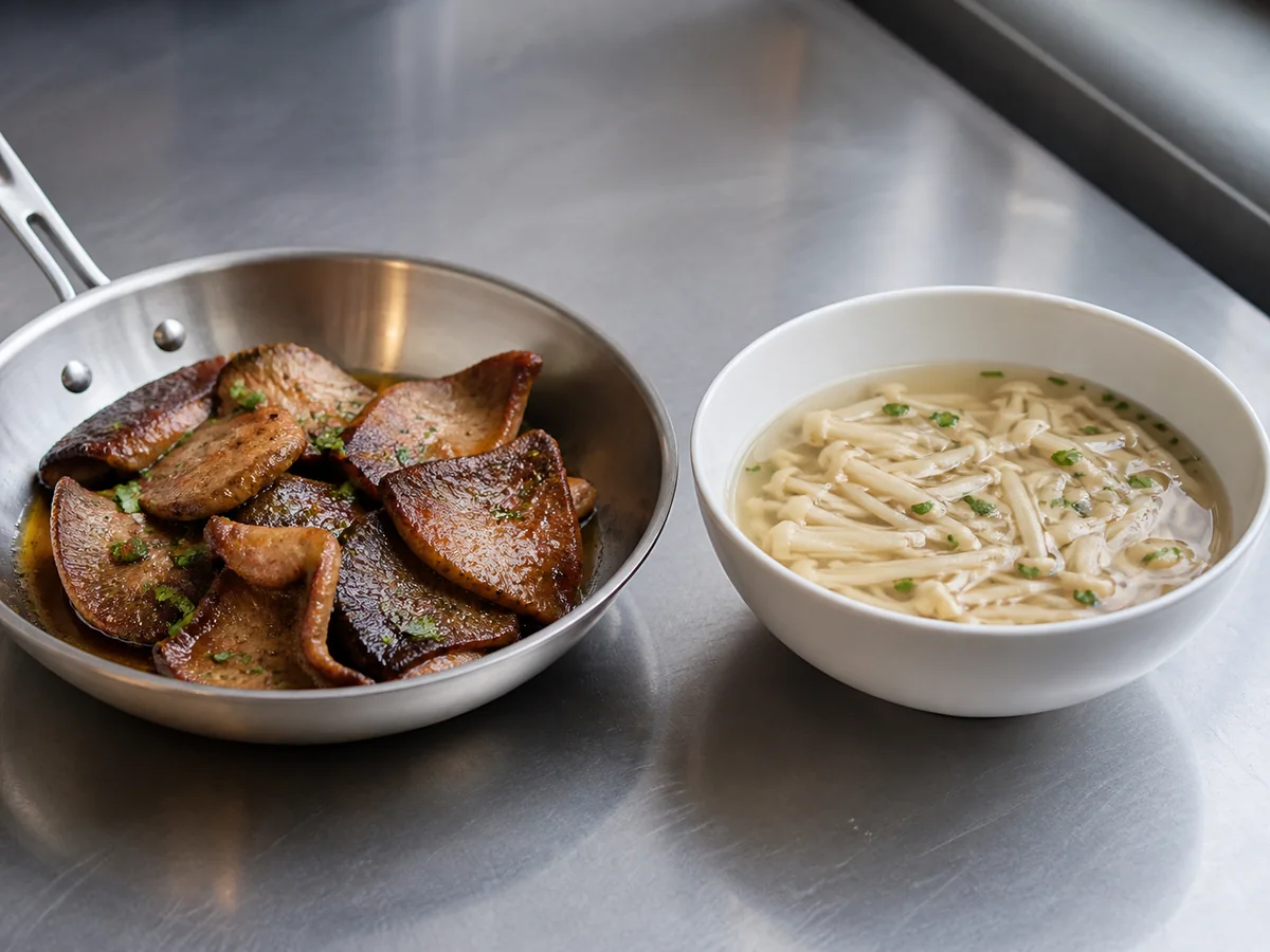 A shallow pan of tender browned wild caps beside soup containing separated supple enoki strands