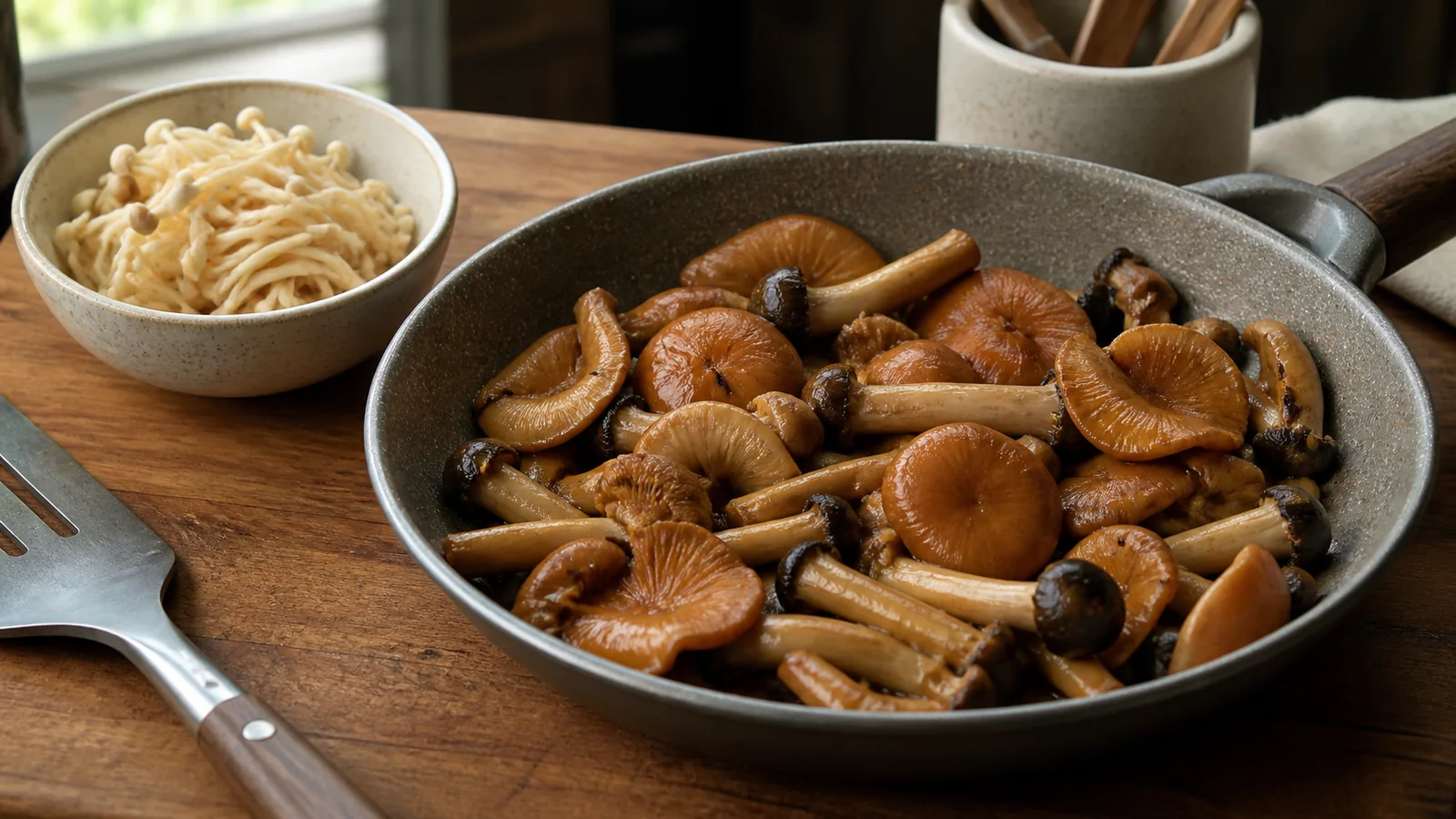 Cooked velvet shank mushrooms with tender caps and trimmed stems