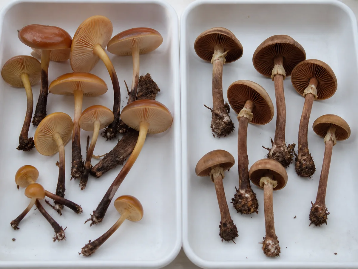 Two separate specimen trays showing velvet shank and a funeral bell lookalike with stems and gills visible