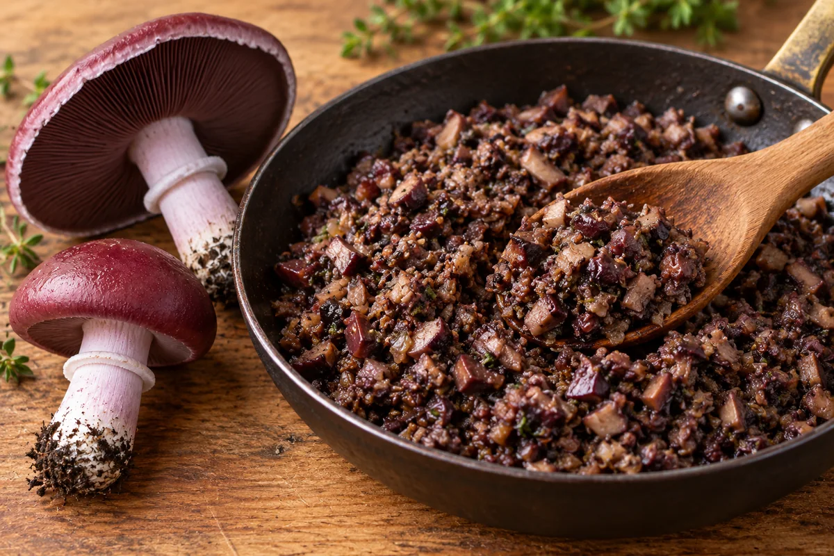 Finely chopped cooked wine caps concentrated into a dark savory filling