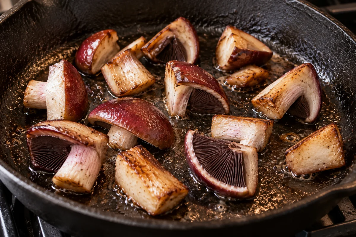 Thick wine cap pieces spaced in an uncovered skillet as released moisture evaporates