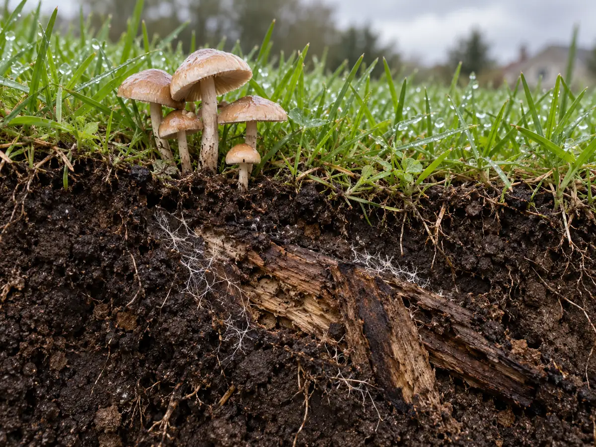 Tan mushrooms above a grass and soil cutaway containing decaying wood and fine pale filaments