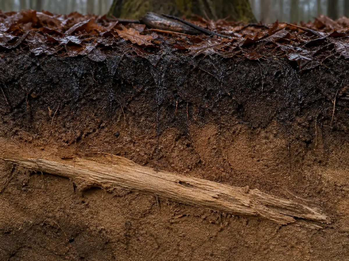 Rain darkens leaf litter and upper soil while deeper buried wood remains dry