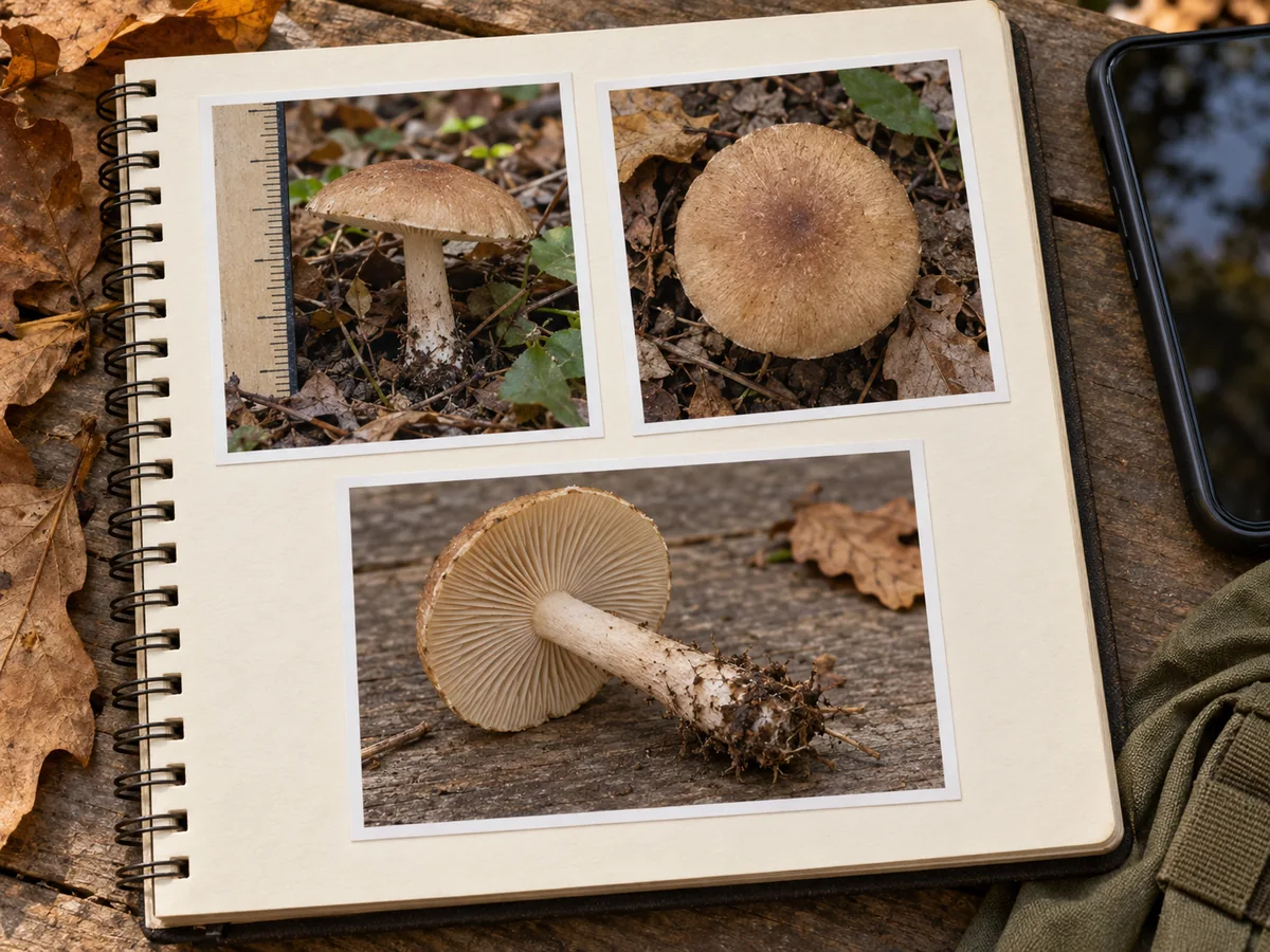 Notebook holding illustrative views of a tan mushroom in place, its cap top and its full underside and stem base