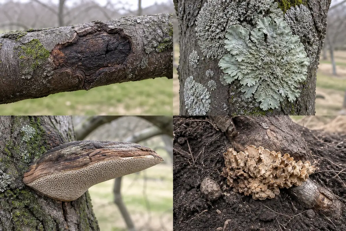 Apple branch with canker and lichen contrasted with a pore-bearing shelf and a clustered mushroom on buried roots