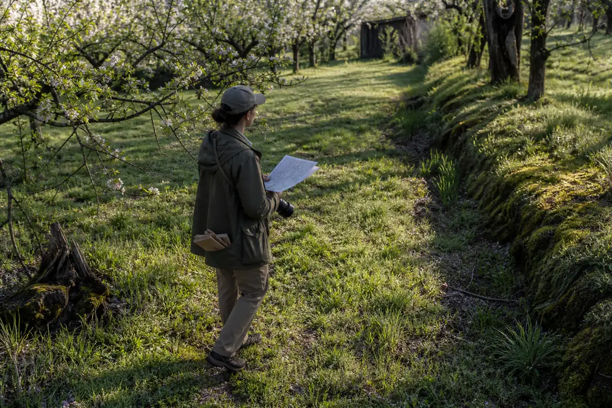 Forager following an old apple row from historic shed area to tree drip line, moss edge, stump, and drainage swale