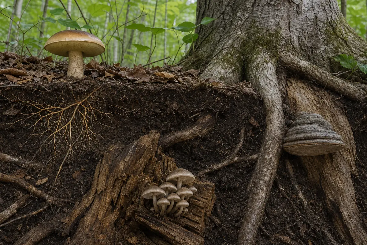 Ash woodland cutaway showing a soil bolete near living roots, a cluster from buried dead roots, and a bracket attached to the root flare