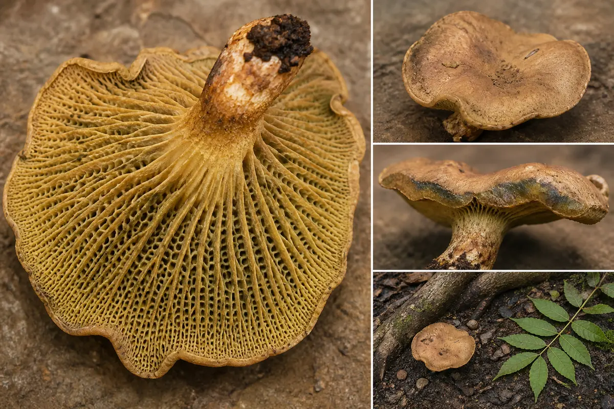 Ash-tree bolete shown from above, from the cross-veined pore surface, and beside ash root-zone soil