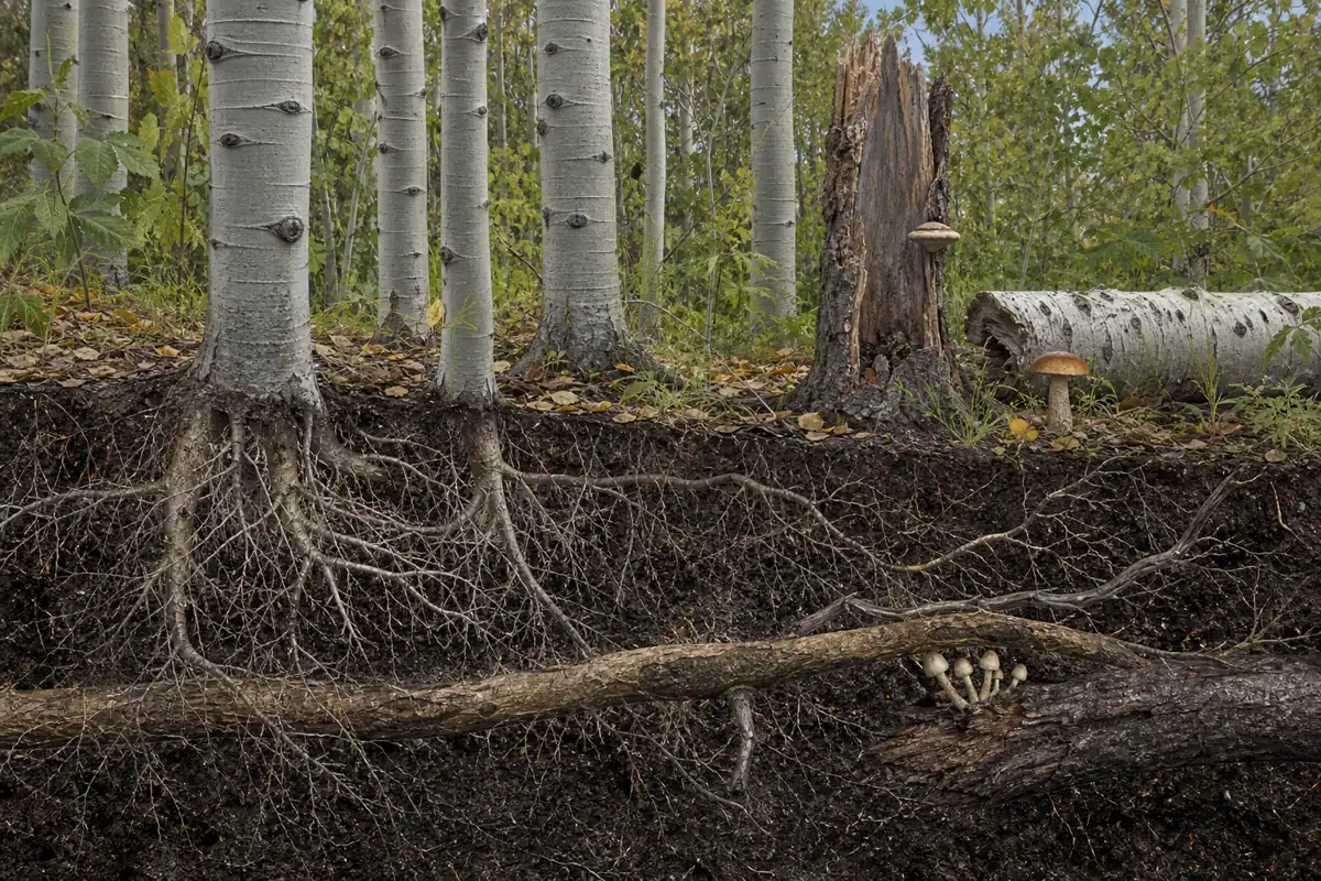 Aspen clone cutaway with living roots, a fresh snag, a soft fallen log, and buried wood marked by different mushroom forms