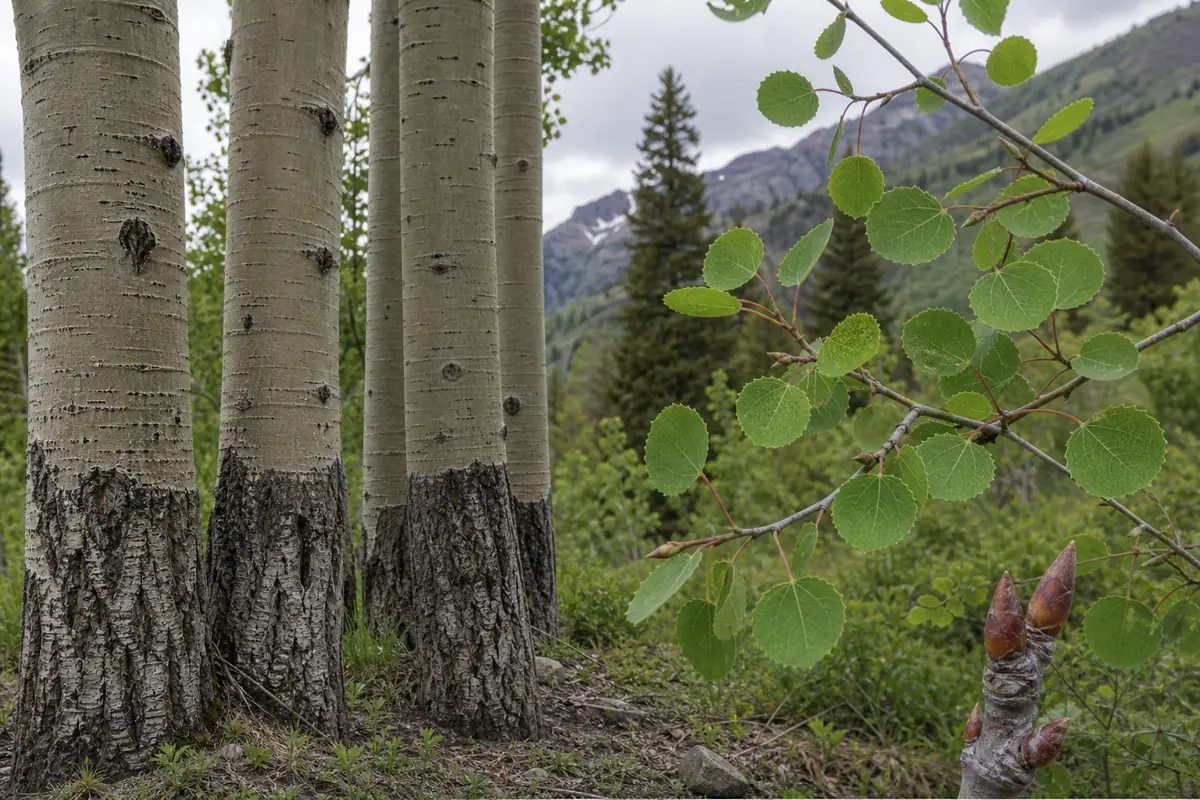 Quaking aspen grove showing pale upper bark, dark basal furrows, round leaves, and several stems of one clone