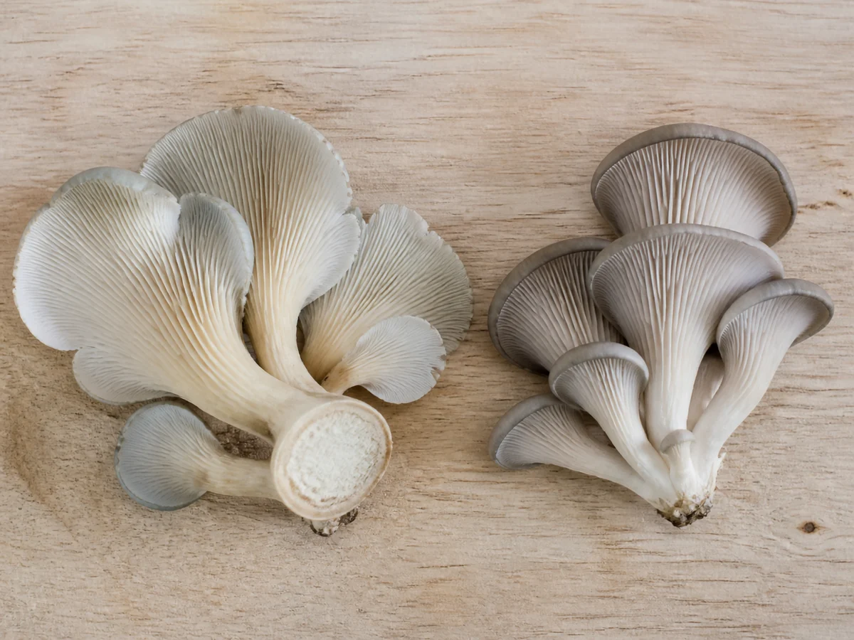 Ghost fungus cluster with decurrent gills beside a gray oyster mushroom cluster on a pale board
