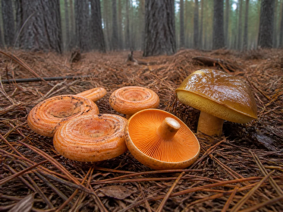 Saffron milk caps and a slippery jack growing in radiata pine needle litter in an Australian plantation