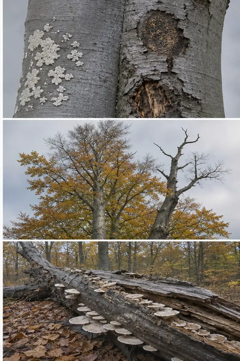 Sequence from beech scale and bark cankers to crown decline, dead branch, and later decomposer fruiting