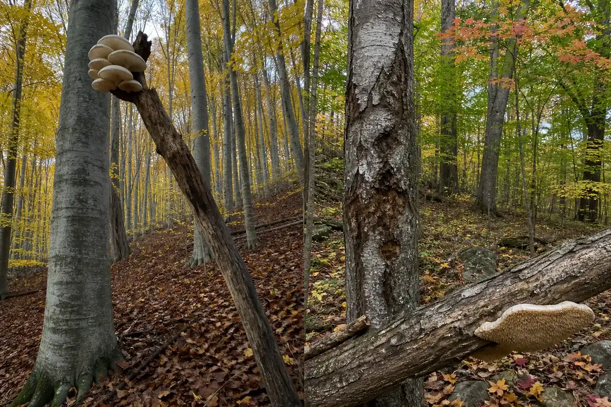 European beech woodland with high wood fruiting beside a North American beech-maple forest with damaged bark and tooth fungus