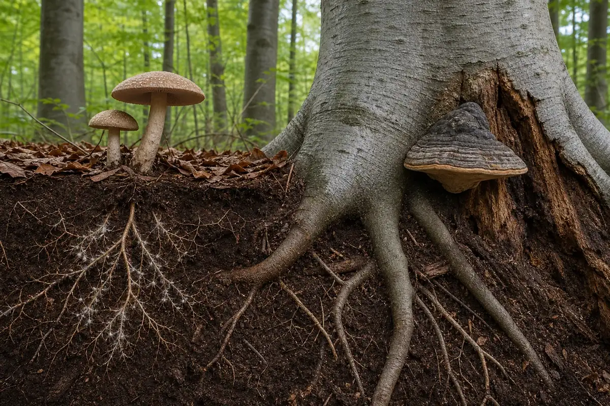 Soil mushrooms above living beech fine roots beside a hard bracket attached to decayed root-flare wood