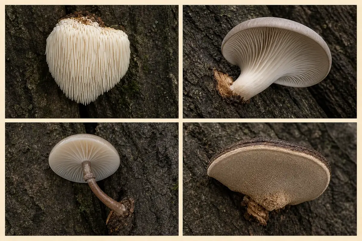 Equal-scale views of Hericium teeth, oyster gills, porcelain gills and ringed stem, and a bracket pore surface
