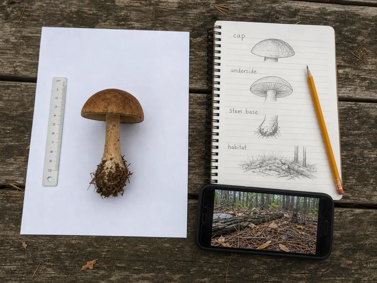 Mushroom specimen documented beside a metric ruler, field notes, and a habitat photograph