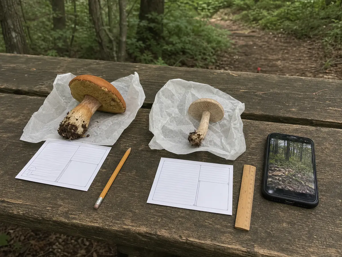 Separate wild mushroom specimens paired with field note cards, a ruler, and a habitat photo at a trailhead - mushroom foraging for beginners