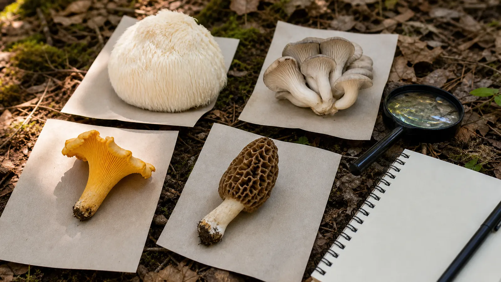 Beginner mushroom study specimens arranged with a notebook and hand lens
