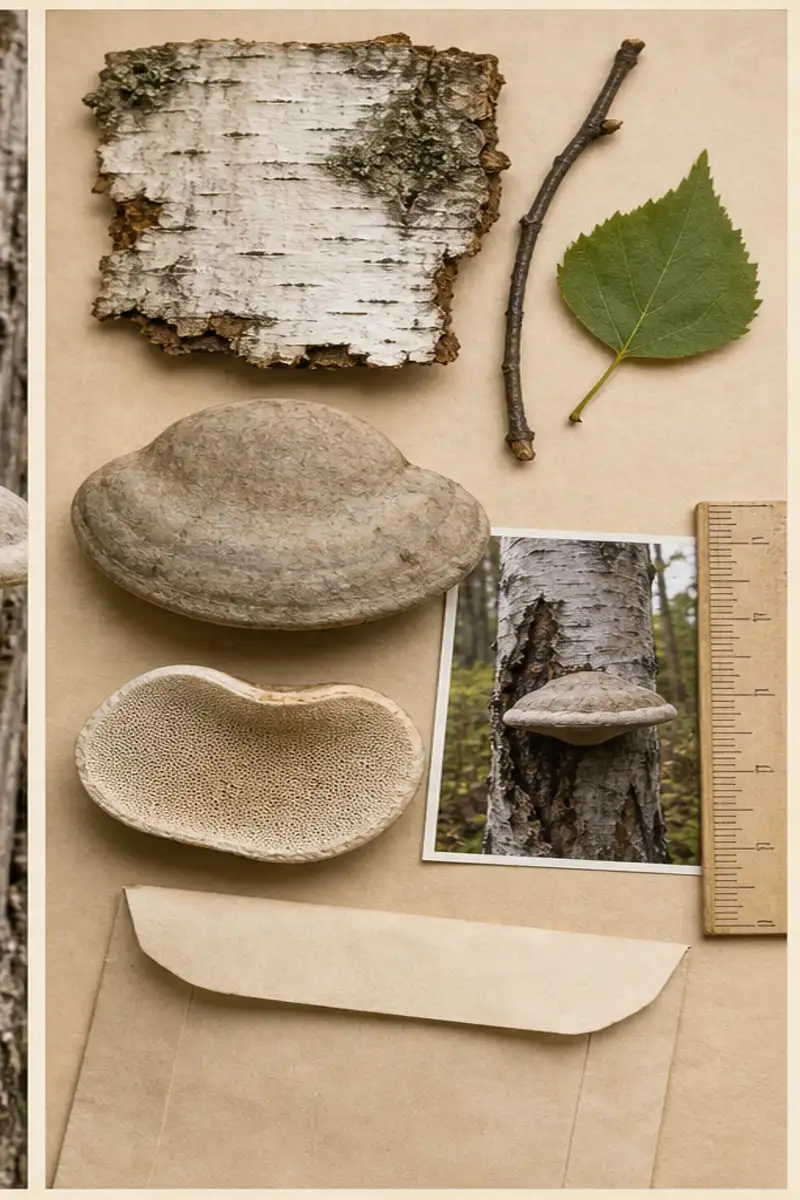 Birch field sheet with bark, twig, leaf, living or dead status, attachment point, underside, and ruler scale
