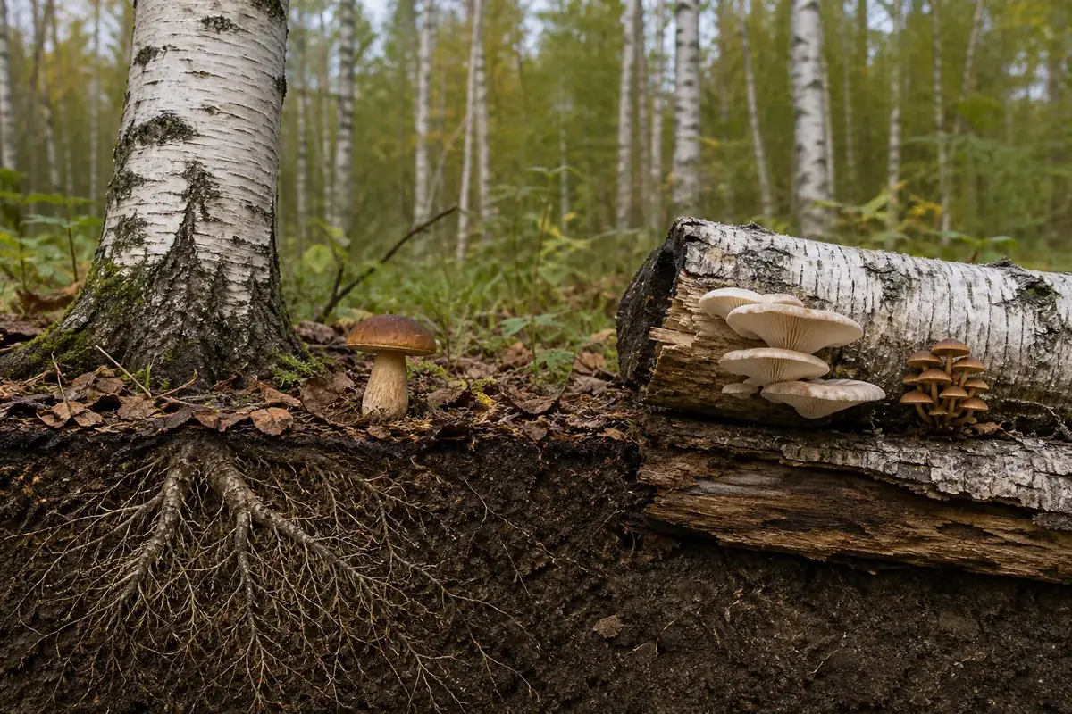 Soil mushroom above living birch roots beside oysters and a brown cluster attached to a dead birch log