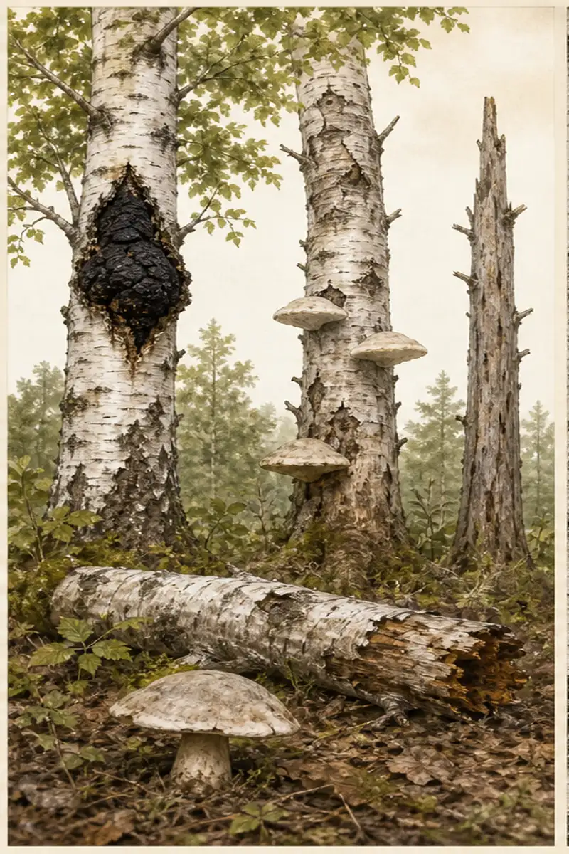 Living birch with black chaga conk, declining birch with brackets, standing dead birch, and fallen birch log